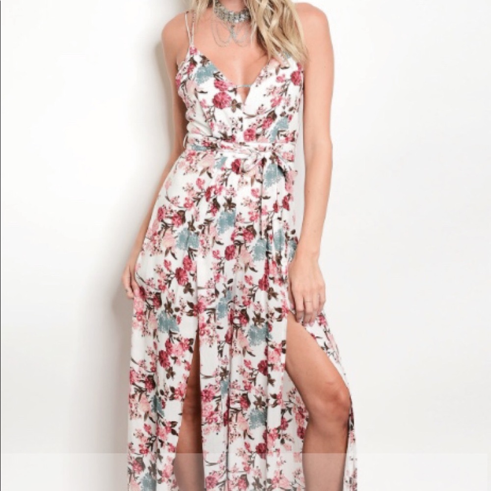 Floral print jumpsuit, slit pants
